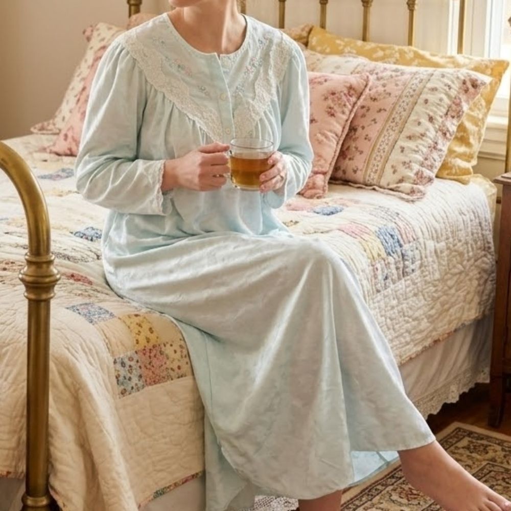 Vintage Miss Elaine Floral Nightgown M Lace Embroidered Blue Grandmillennial